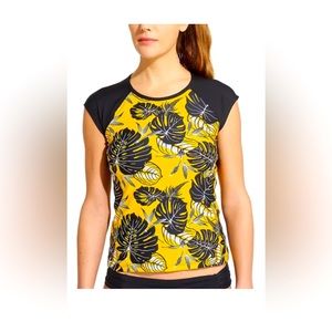 Athleta NWOT Rash Guard, Marigold/Black w Island Print (Tag: S, fits like S-M)